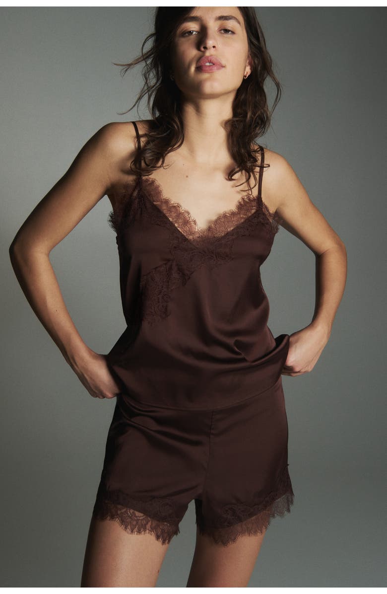 H&M Lace-trimmed Satin Pyjamas, Alternate, color, Dark Brown