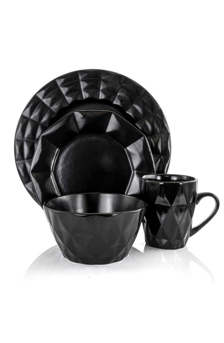 Elama Retro Chic 16-Piece Glazed Dinnerware Set, Alternate, color, Black