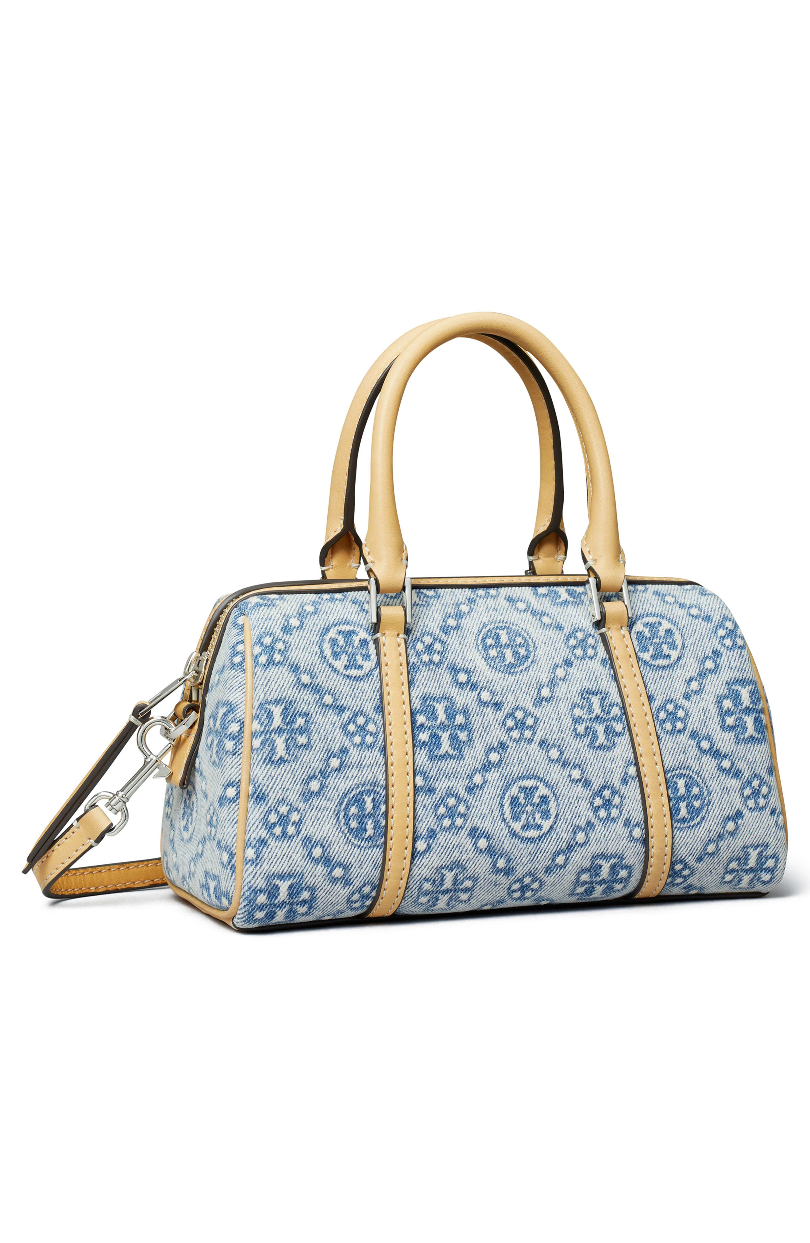 Tory Burch Mini T Monogram Denim Barrel Bag, Alternate, color, Powder Blue