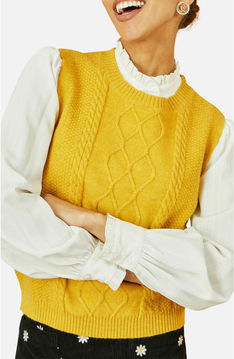 Yumi Cable Knit Sleeveless Jumper, Alternate, color, Mustard