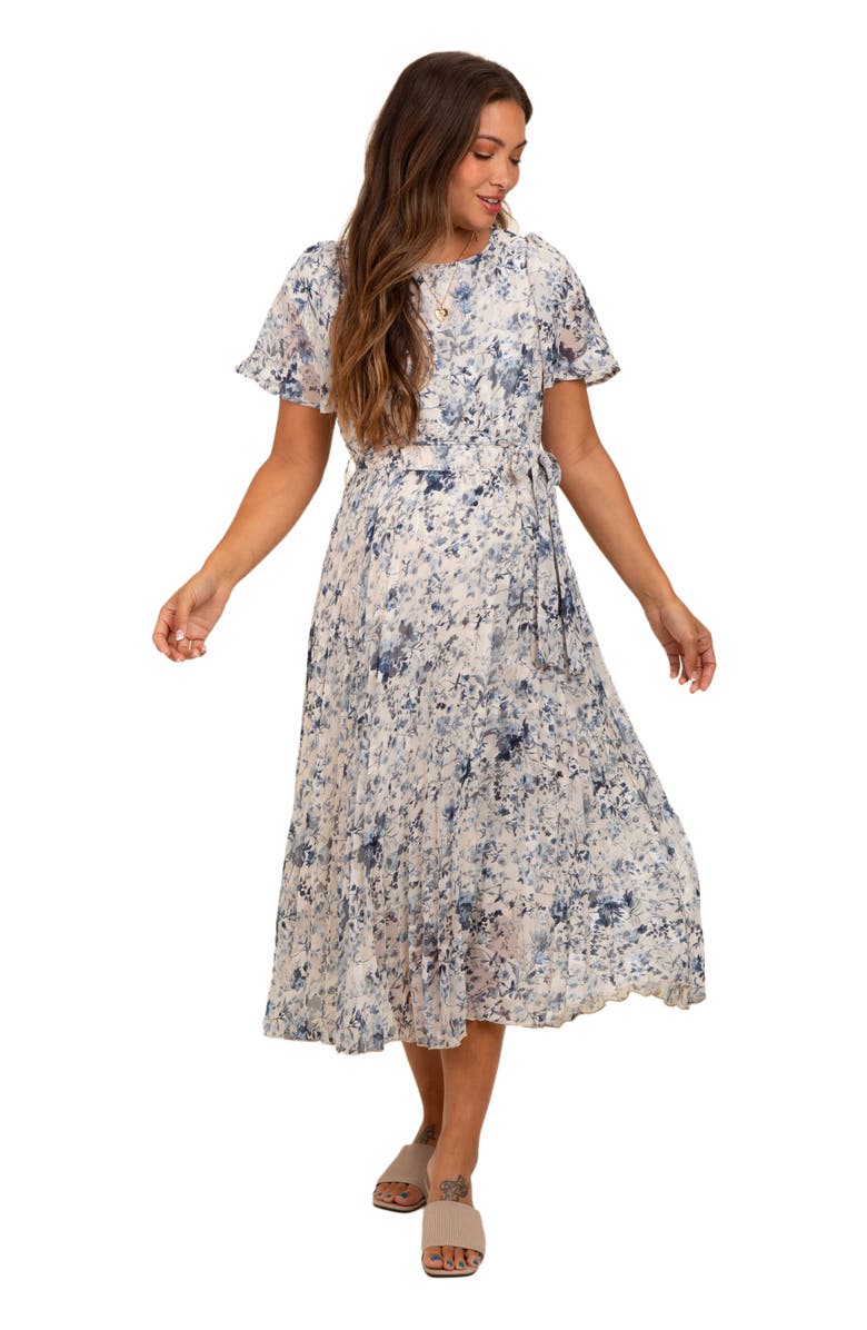 PinkBlush Floral Pleated Midi Dress, Main, color, Cream