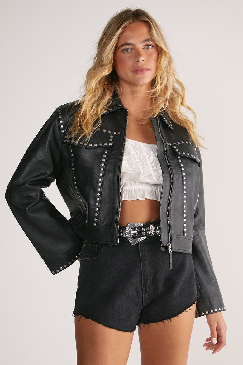 Leather Studded Cropped Jacket, Main, color, Black