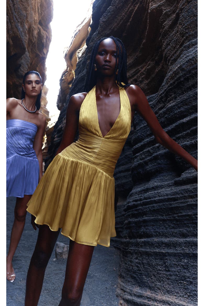 Xavia Crystal Organza Plunging Halter Mini Dress, Alternate, color, Gold