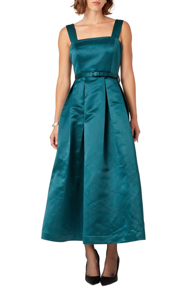 Pleated Belted Midi Dress, Main, color, GREEN