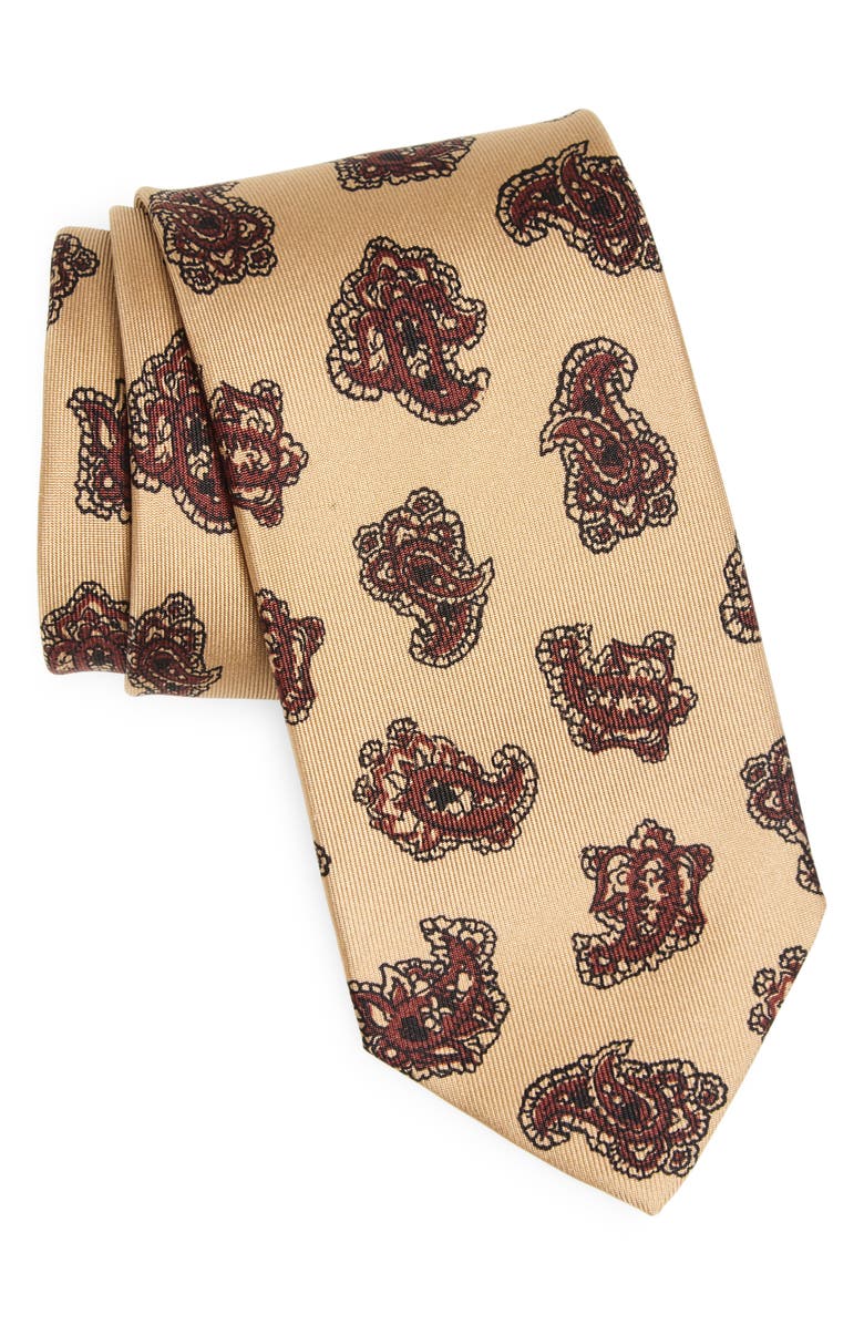Drake's Paisley Motif Silk Tie, Main, color, Latte Red