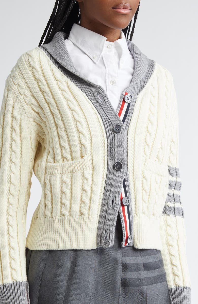 Thom Browne 4-Bar Cable Knit Virgin Wool Shawl Cardigan, Alternate, color, White