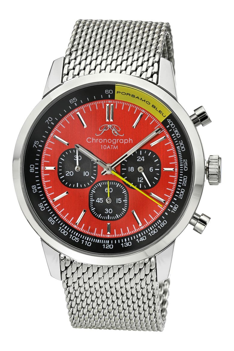 Simon Mesh Strap Chronograph Watch, 44mm, Main, color, SILVER BLACK AND RED