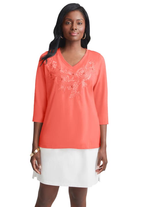 Jessica London Stretch Cotton Embroidered Tee In Pink
