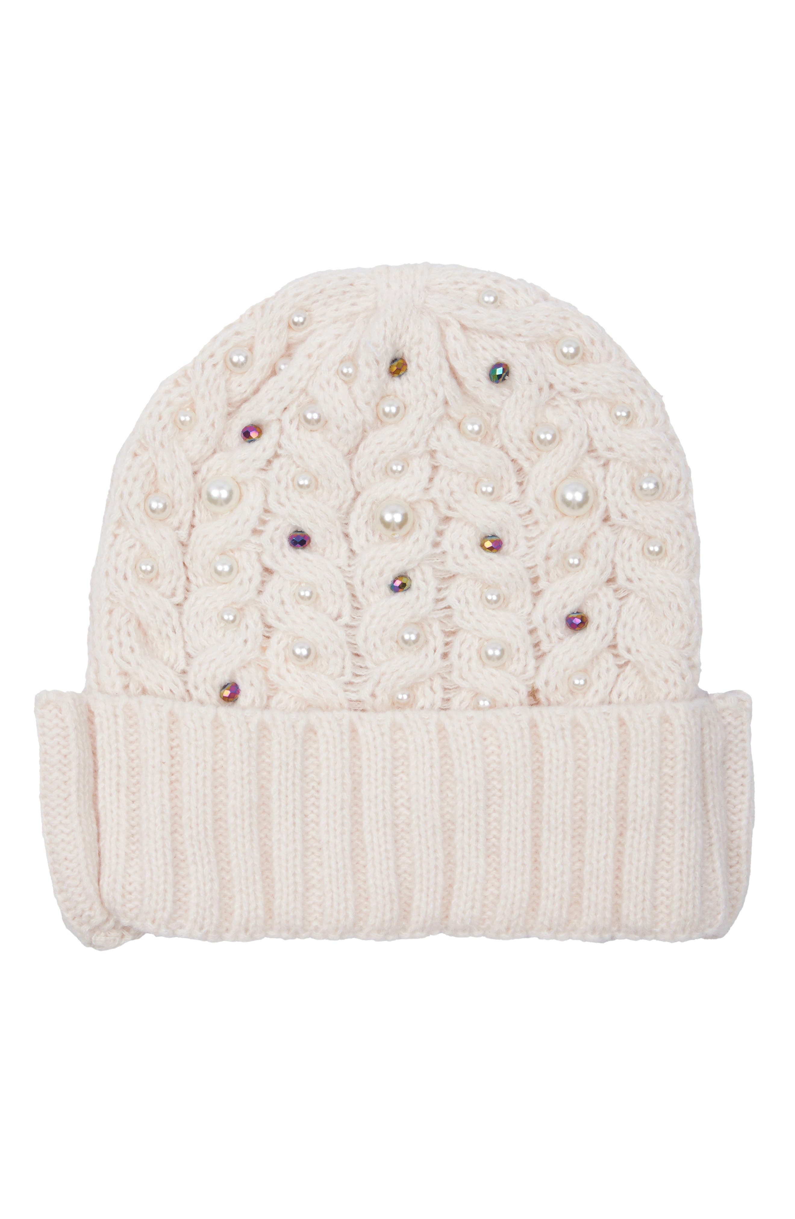 SAACHI Faux Pearl Embellished Cable Knit Beanie