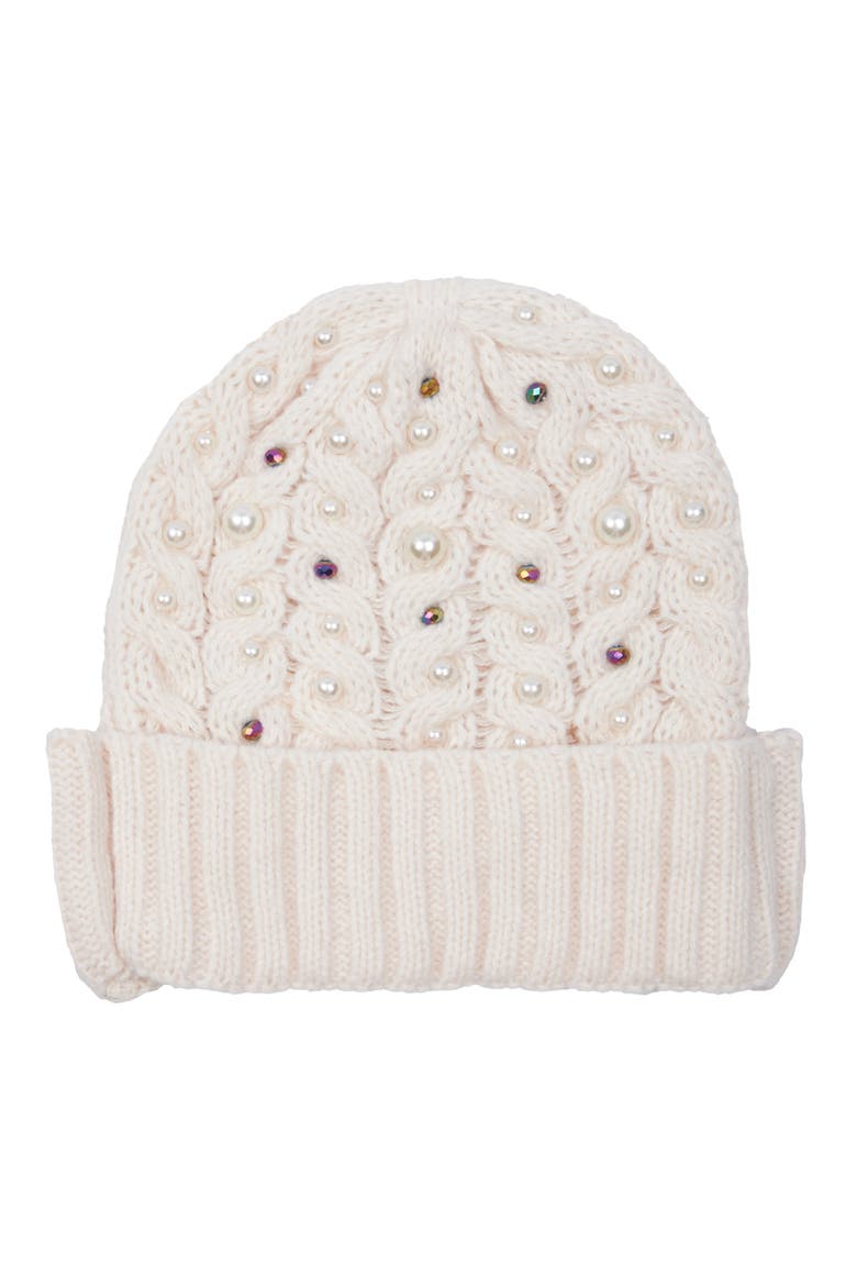Faux Pearl Embellished Cable Knit Beanie, Main, color, IVORY