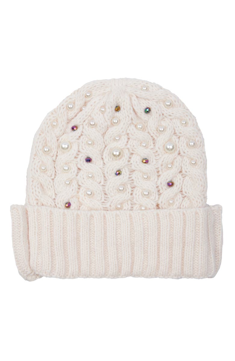 SAACHI Faux Pearl Embellished Cable Knit Beanie, Main, color, Ivory