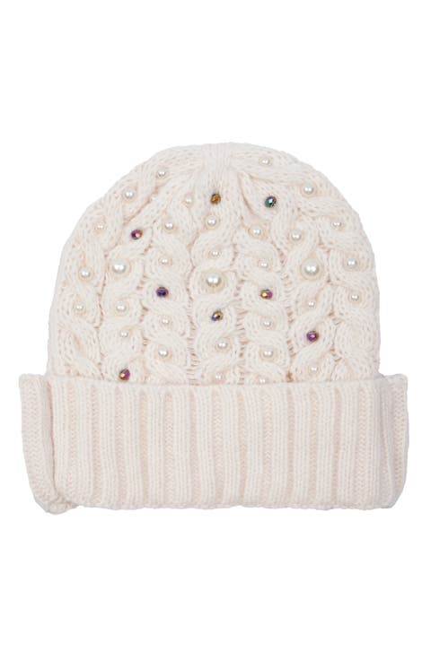 Faux Pearl Embellished Cable Knit Beanie