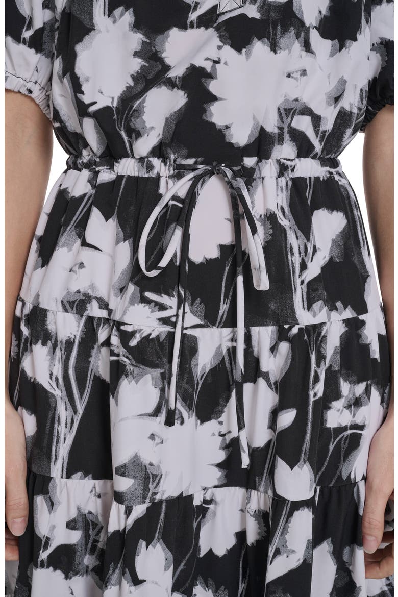 Floral Short Sleeve Tiered Midi Dress, Alternate, color, BLACK/ WHITE