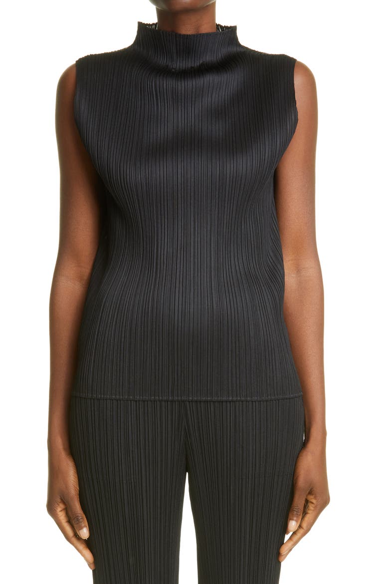 Pleated Funnel Neck Top, Main, color, BLACK