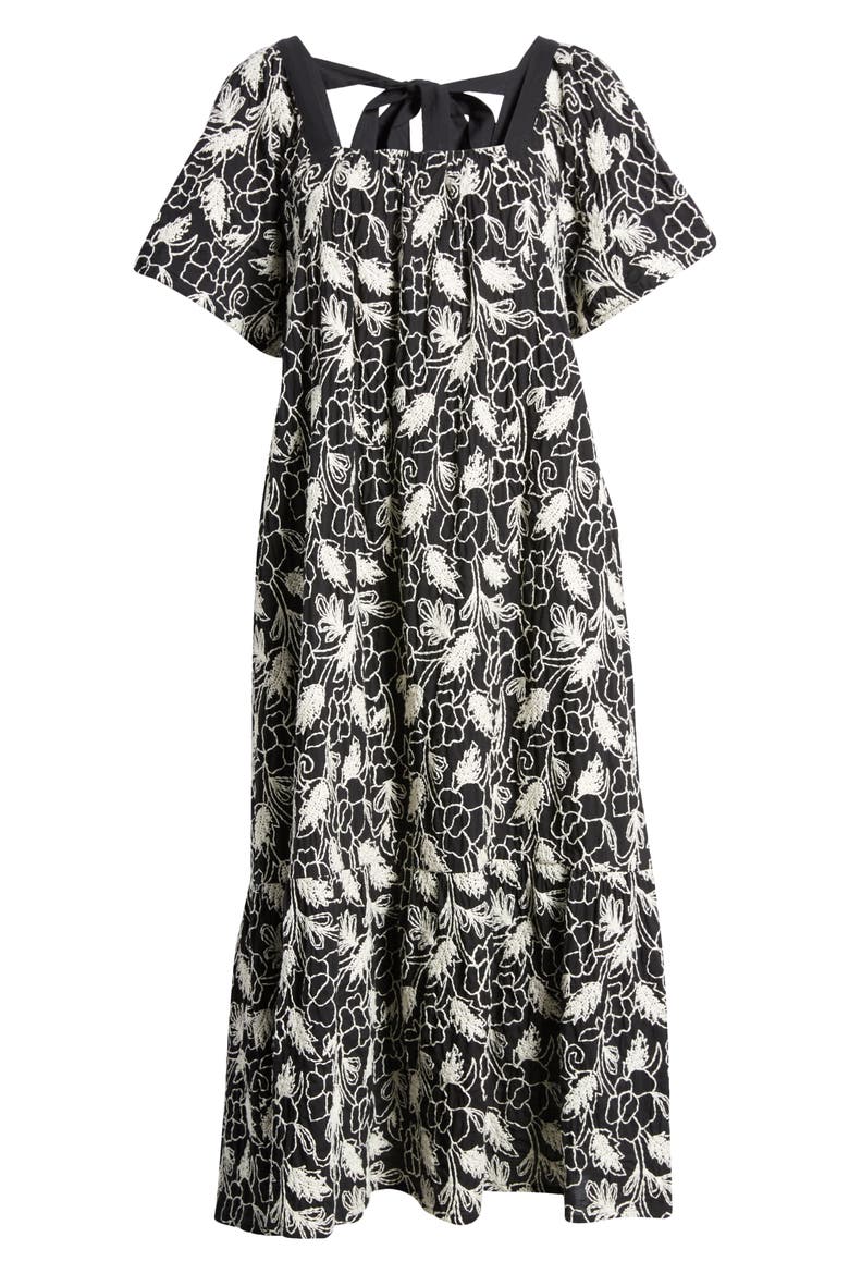 Neia Floral Embroidered Cotton A-Line Dress, Alternate, color, BLACK