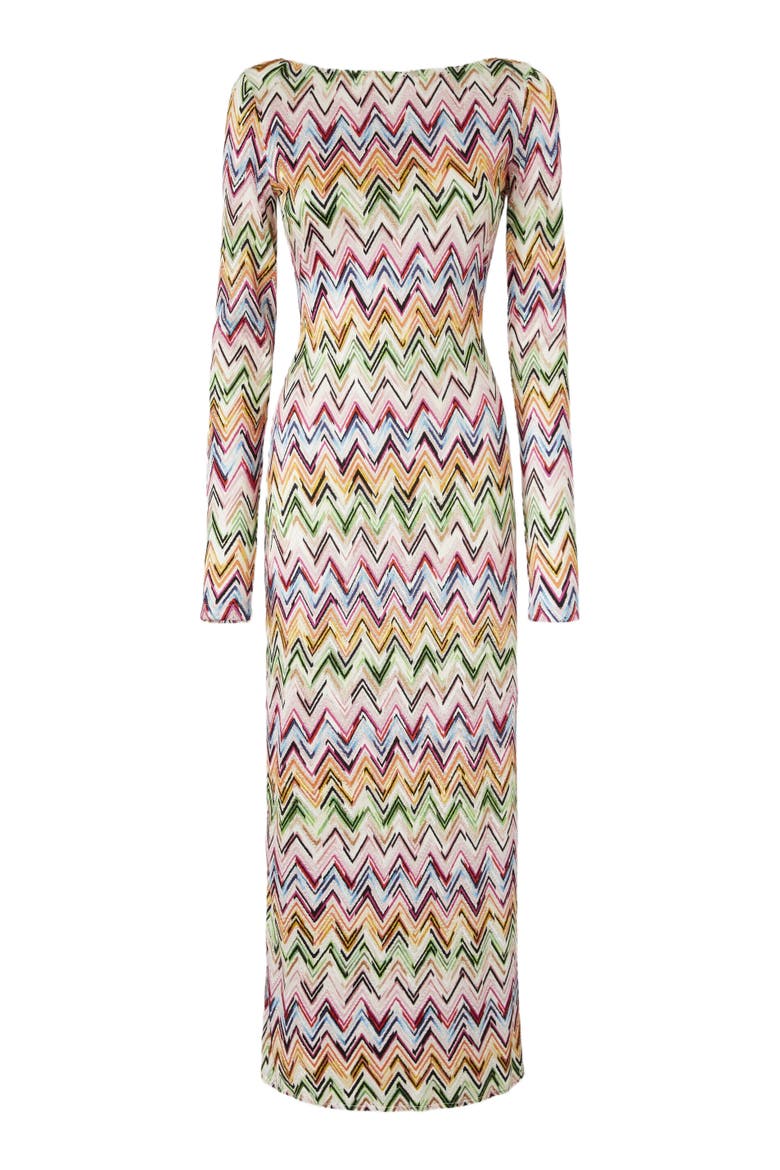 Long-sleeved Dress In Stretch Viscose With Lace And Zigzag Motif, Alternate, color, Multicoloured