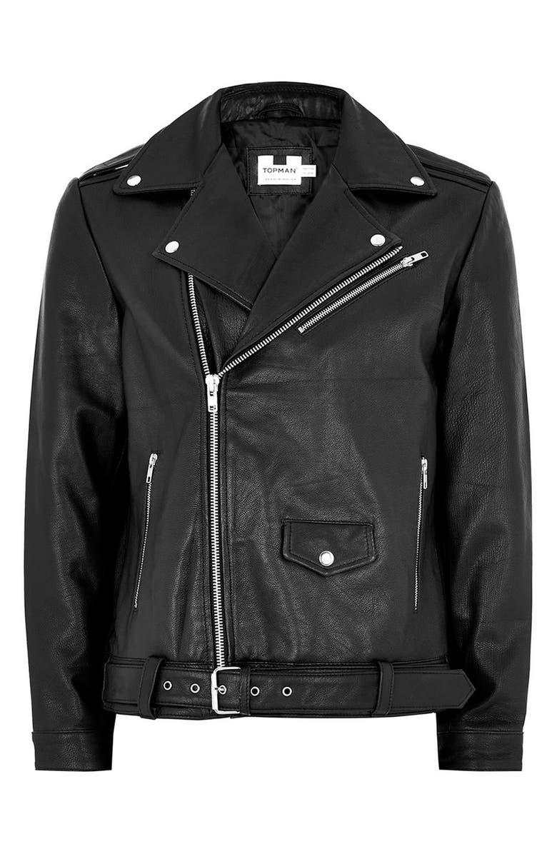 Topman Oversize Leather Biker Jacket, Alternate, color, 