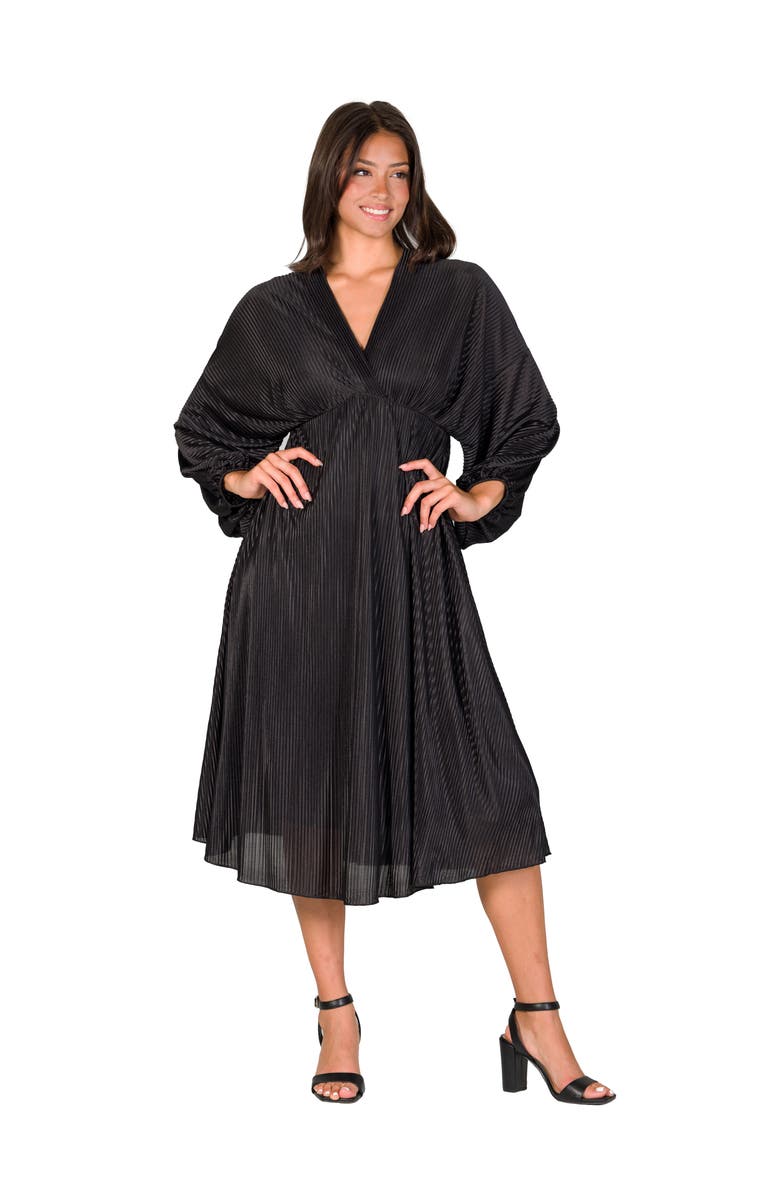 24seven Comfort Apparel Shimmer Pleated V-neck Empire Waist Bishop Sleeve Midi Dress, Main, color, Black