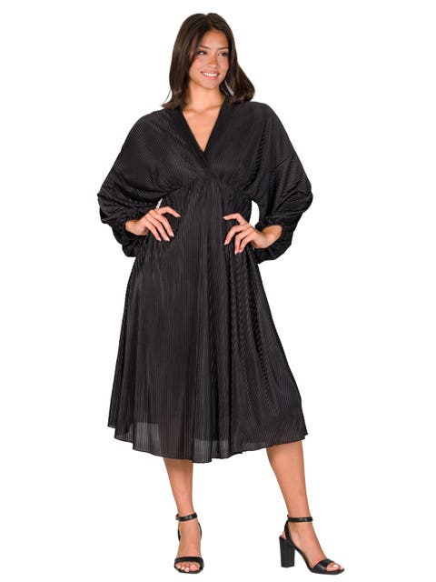 Shimmer Pleated V-neck Empire Waist Bishop Sleeve Midi Dress