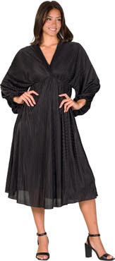 24seven Comfort Apparel Shimmer Pleated V-neck Empire Waist Bishop Sleeve Midi Dress