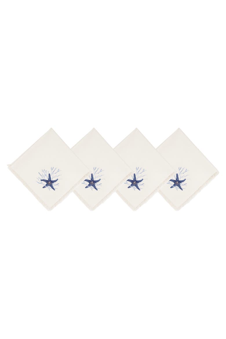 Tidal Treasures Starfish Coral Coastal Embroidered Fringed Napkins Set of 4, Main, color, Blue