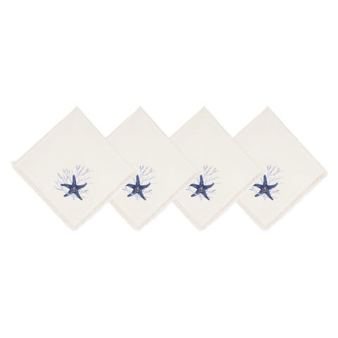 Tidal Treasures Starfish Coral Coastal Embroidered Fringed Napkins Set of 4