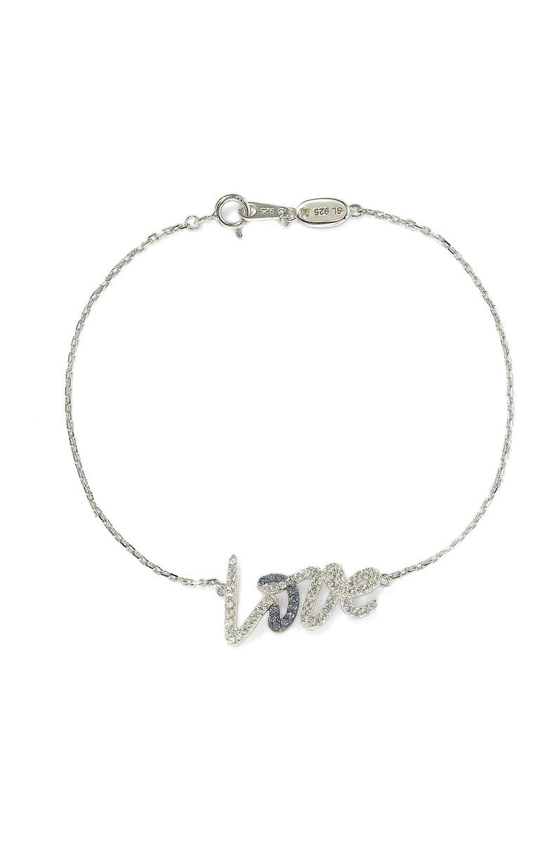 SUZY LEVIAN Sterling Silver Blue Sapphire, Created White Sapphire, & Brown Diamond Love Script Bracelet, Main, color, 