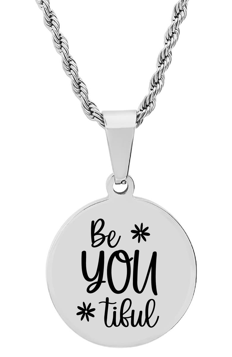 HMY JEWELRY Stainless Steel Be You Tiful Pendant Necklace, Main, color, Metallic