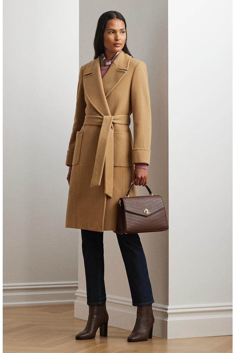Belted Wool & Cashmere Blend Wrap Coat, Alternate, color, CAMEL