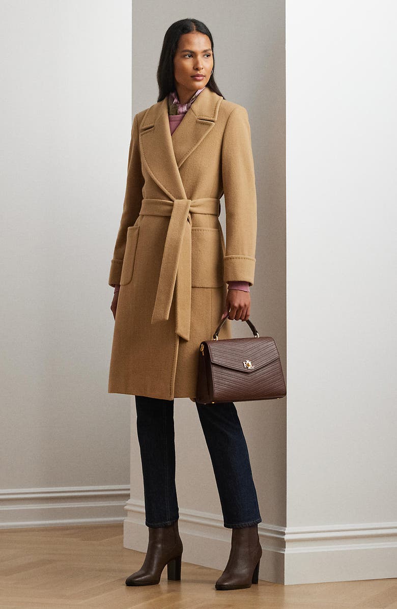 Lauren Ralph Lauren Belted Wool & Cashmere Blend Wrap Coat, Alternate, color, Camel