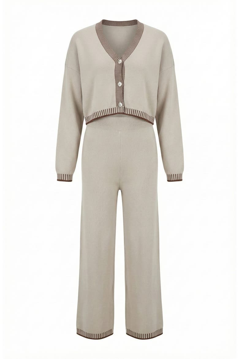 Contrast Trim Knit Cardigan Set, Alternate, color, Beige / Brown Trim
