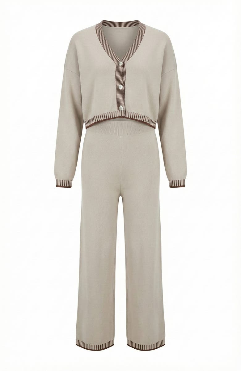 Modenaire Contrast Trim Knit Cardigan Set, Alternate, color, Beige / Brown Trim