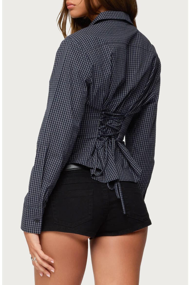 Lisbet Check Button-Up Lace-Up Shirt, Alternate, color, NAVY