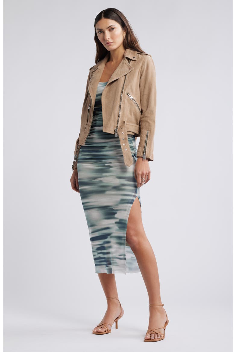 Shirred Mesh Midi Dress, Alternate, color, GREY BLUE- TEAL SOFT MOVEMENT