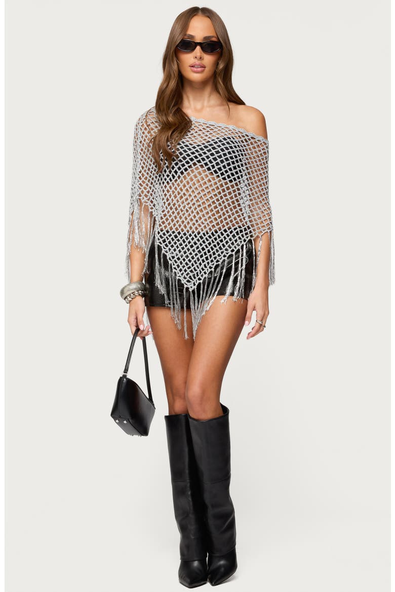 Evette Fringe Metallic Poncho, Alternate, color, SILVER