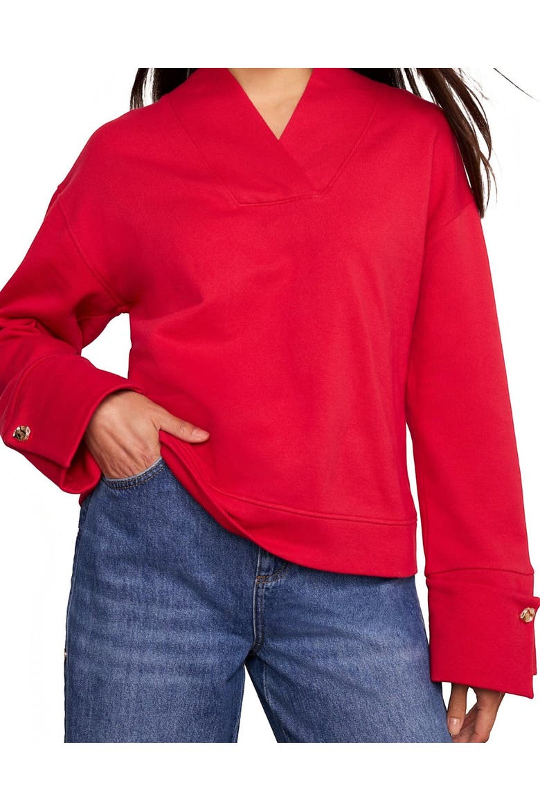 Cotton V-Neck Button Detail Sweatshirt, Alternate, color, Red