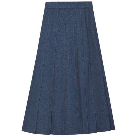 Pleated Stretch Denim Knife Pleat Midi Skirt with Invisible Zipper