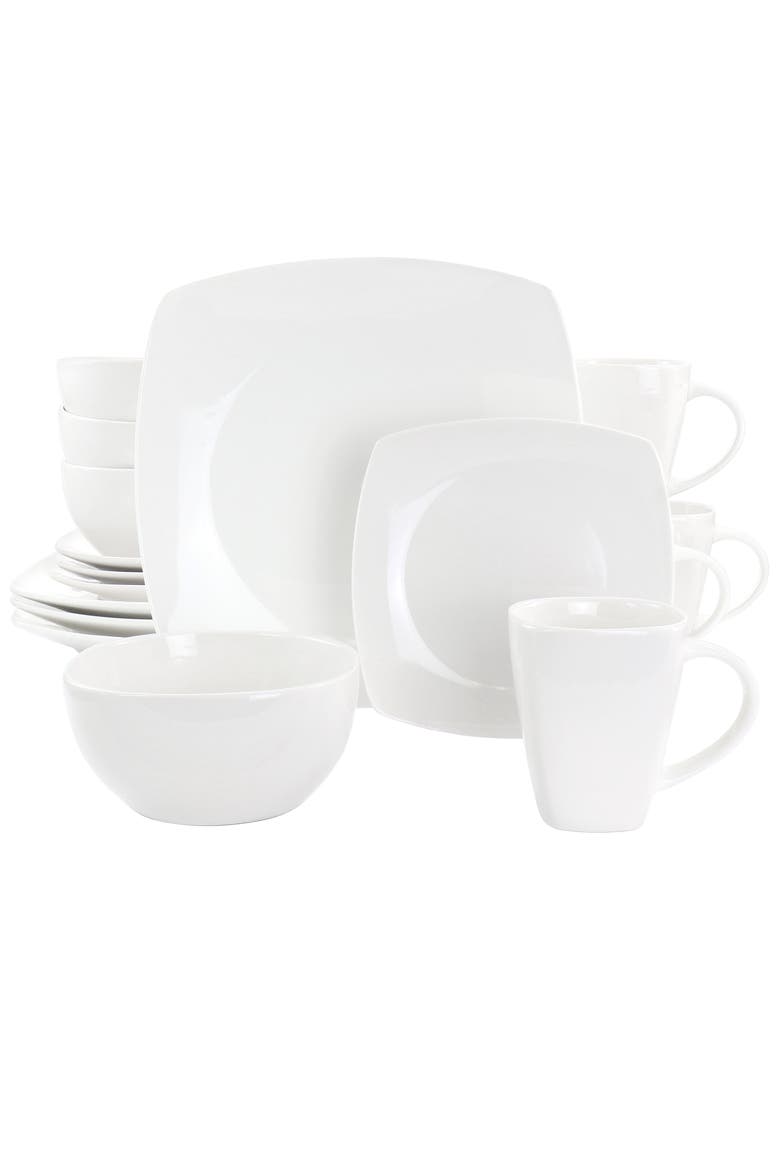 16 Piece Square Fine Ceramic Dinnerware Set, Main, color, White