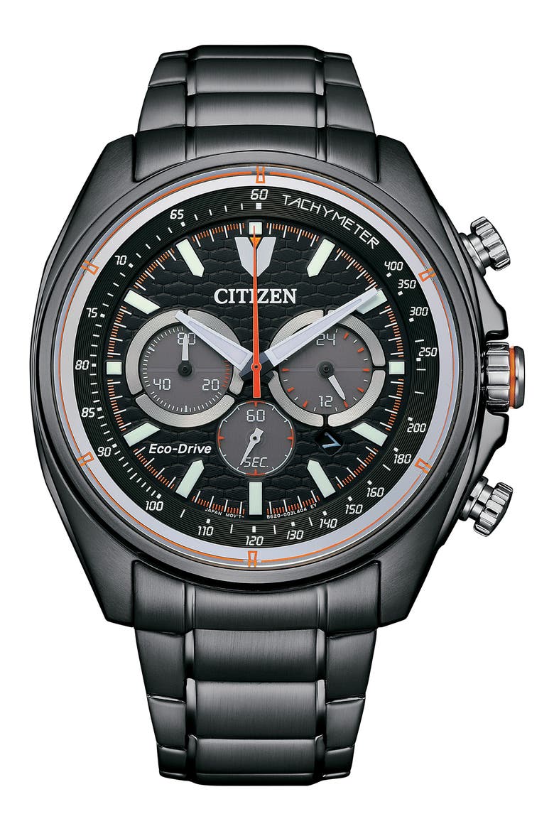 Eco Drive Chronograph Ion Plated Stainless Steel Bracelet Watch, 44mm, Main, color, GRAY