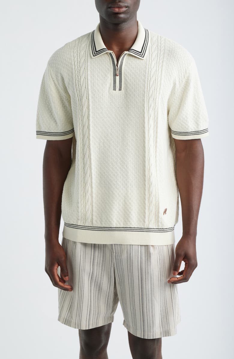 MALBON Navarro Textured Cotton Zip Polo, Main, color, Cream
