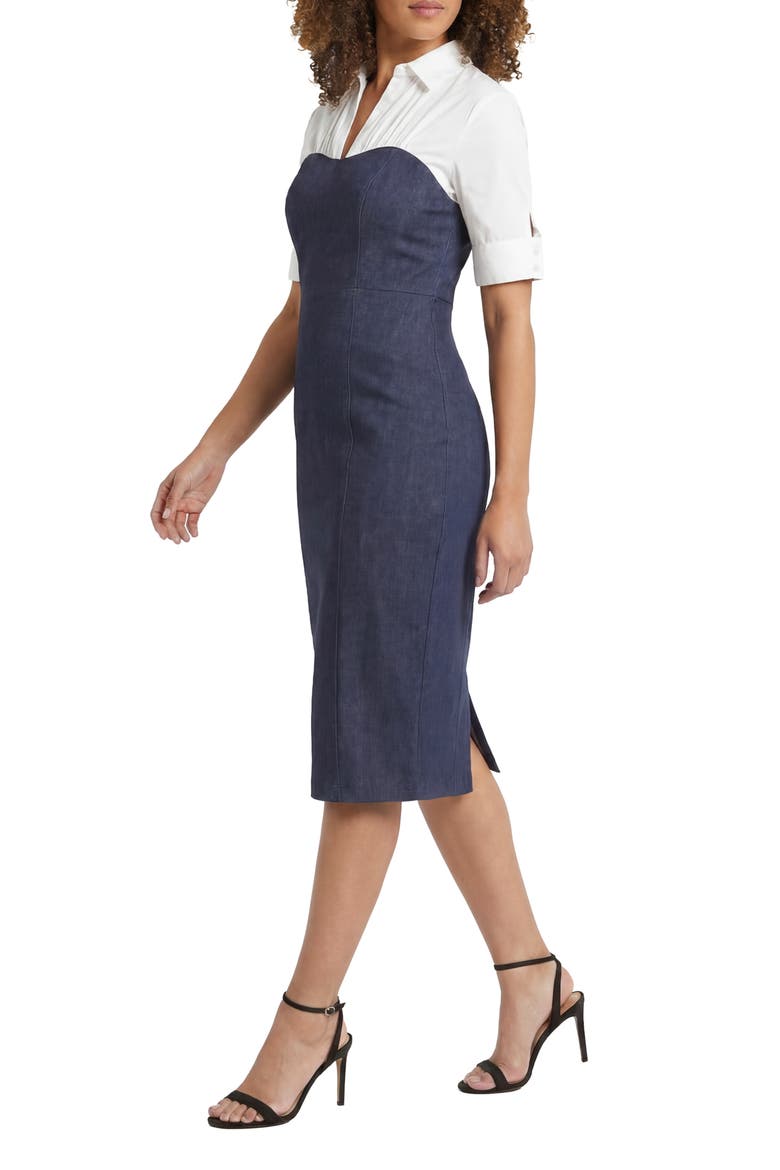 Short Sleeve Mixed Media Sheath Dress, Alternate, color, DENIM BLUE