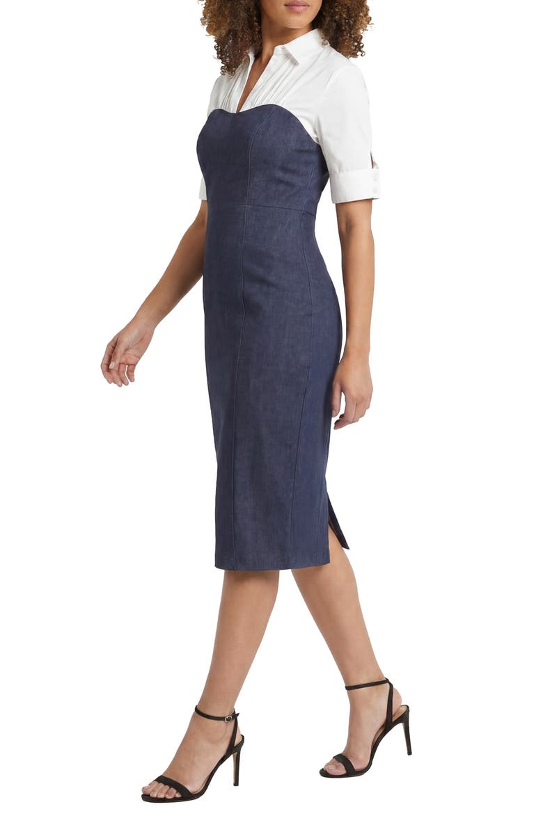 London Times Short Sleeve Mixed Media Sheath Dress, Alternate, color, Denim Blue