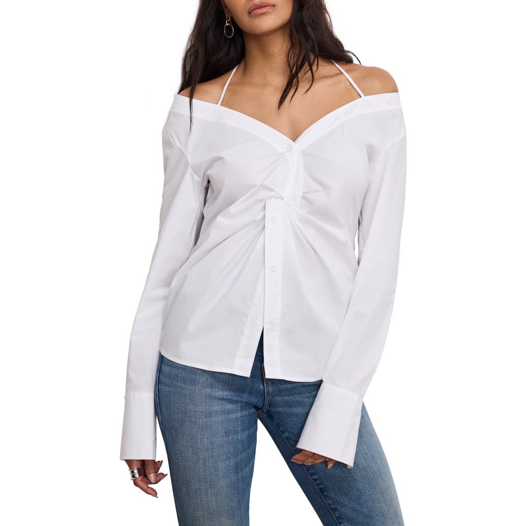 Good American Womens Off-shoulder Knot Cotton-poplin Top White001 In White