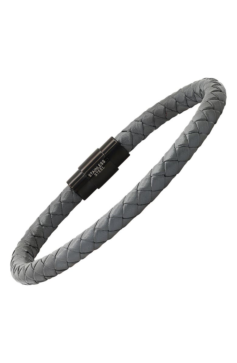 HMY JEWELRY Men's IP Stainless Steel Grey Braided Leather Bracelet, Alternate, color, 