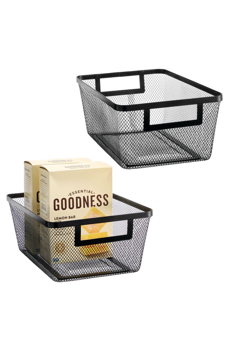 mDesign Metal Mesh Pantry Basket with Handles - Set of 2 - Matte Black, Alternate, color, Black