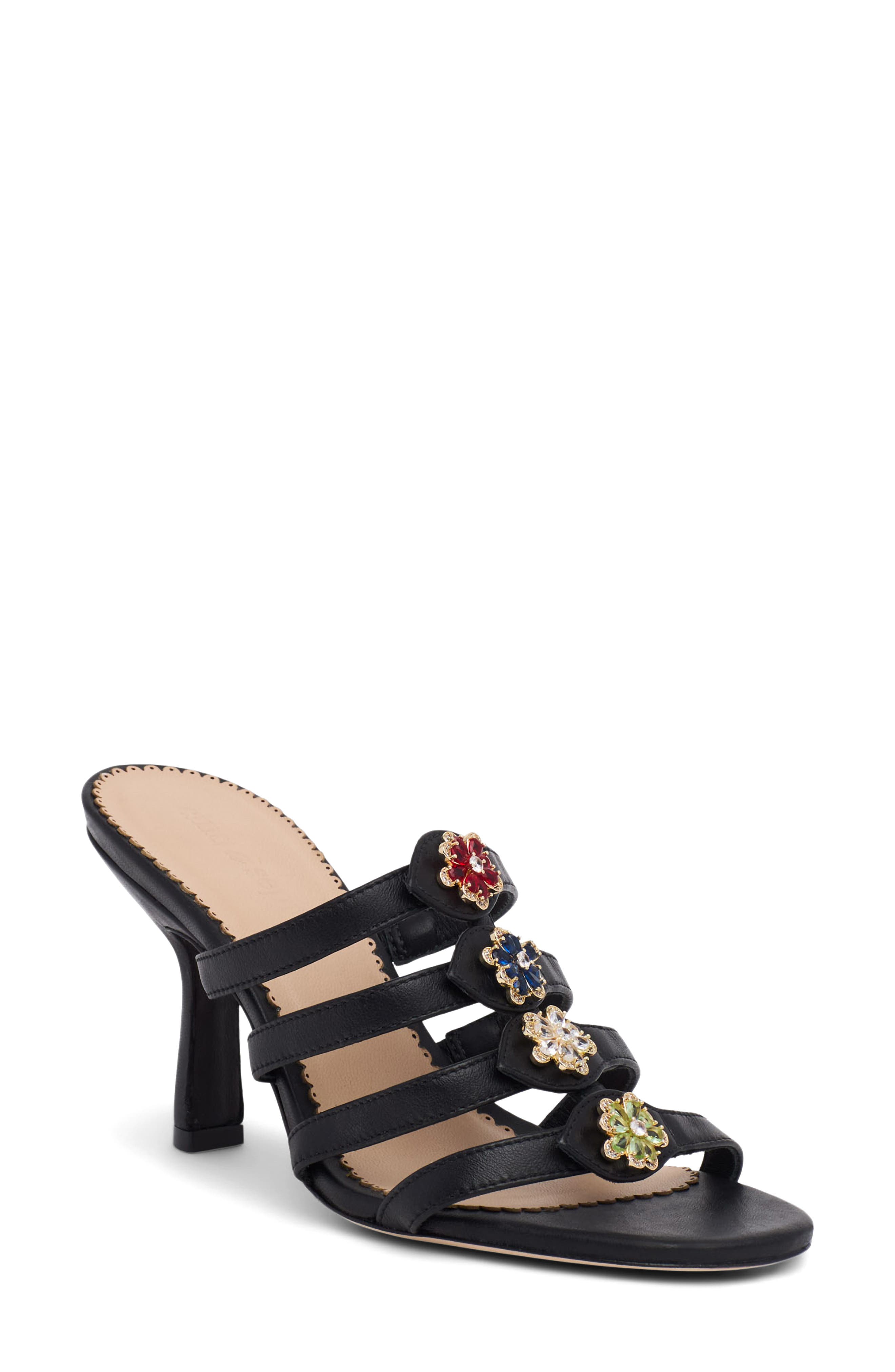 Cinq à Sept Emmy Crystal Flower Strappy Sandal, Main, color, Black