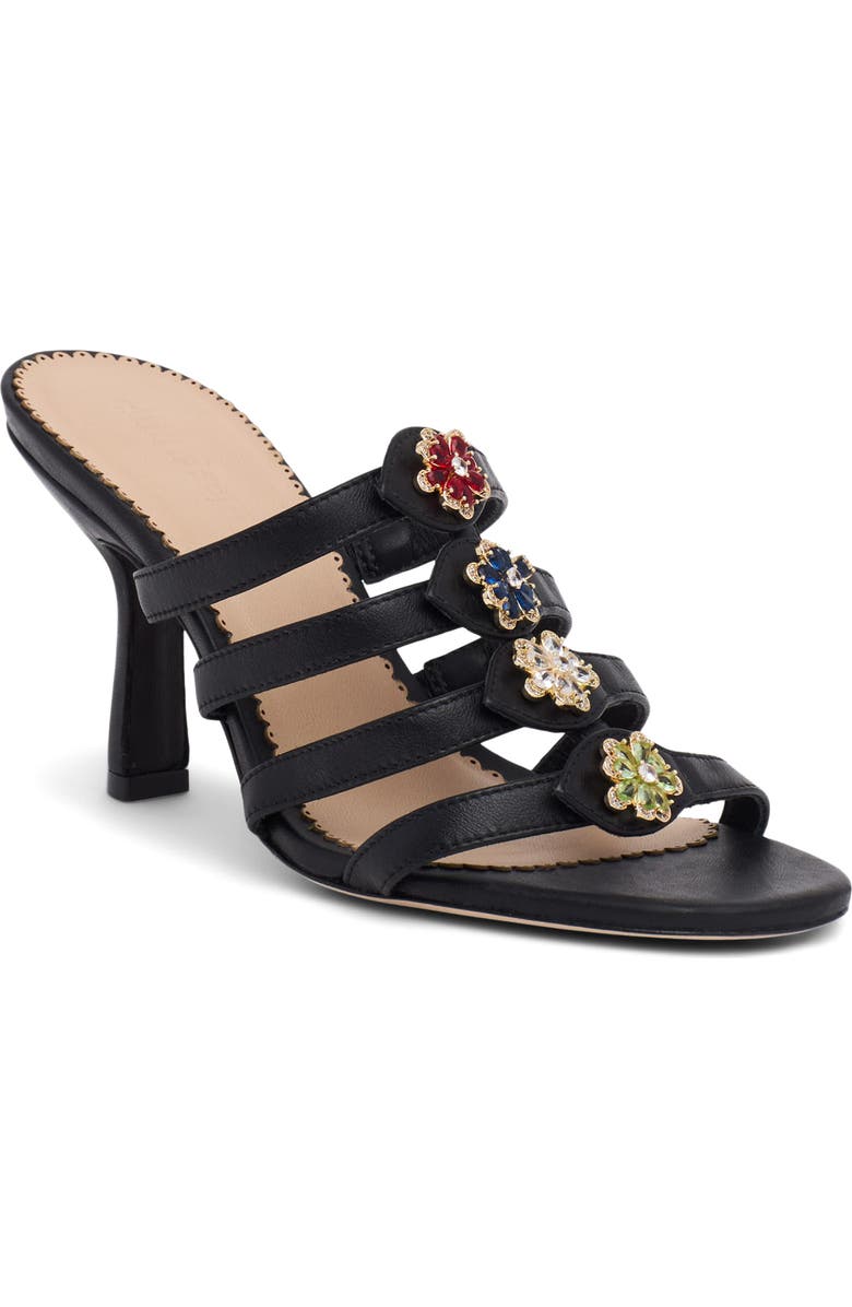 Cinq à Sept Emmy Crystal Flower Strappy Sandal, Main, color, Black