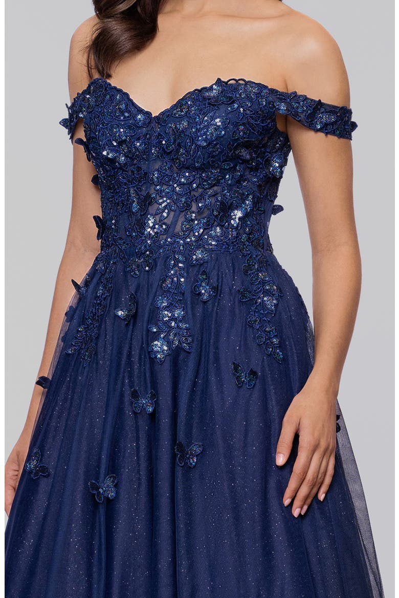 Off the Shoulder Sequin 3D Embellished Tulle Gown, Alternate, color, NAVY