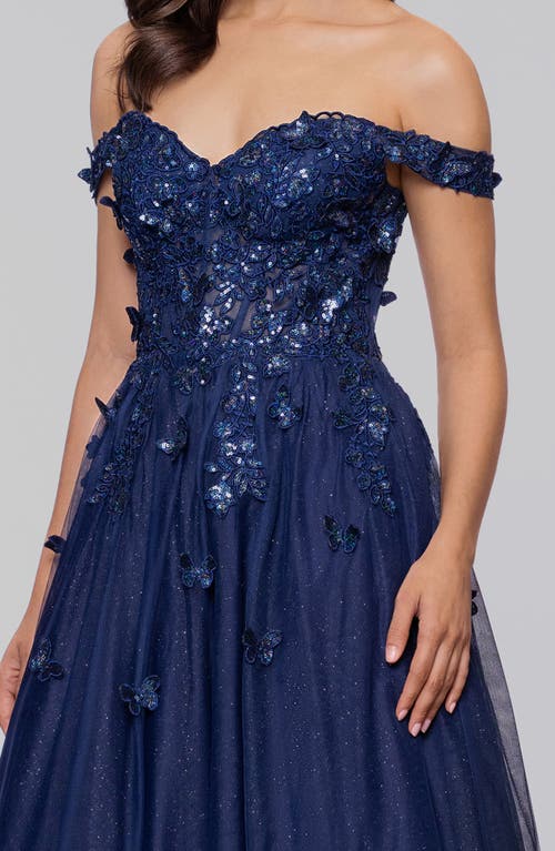 Blondie Nites Off The Shoulder Sequin 3d Embellished Tulle Gown In Blue