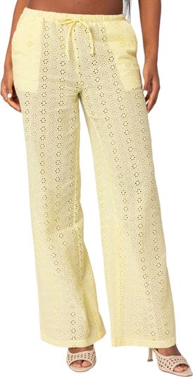 EDIKTED Lemon Eyelet Embroidered Cotton Drawstring Pants